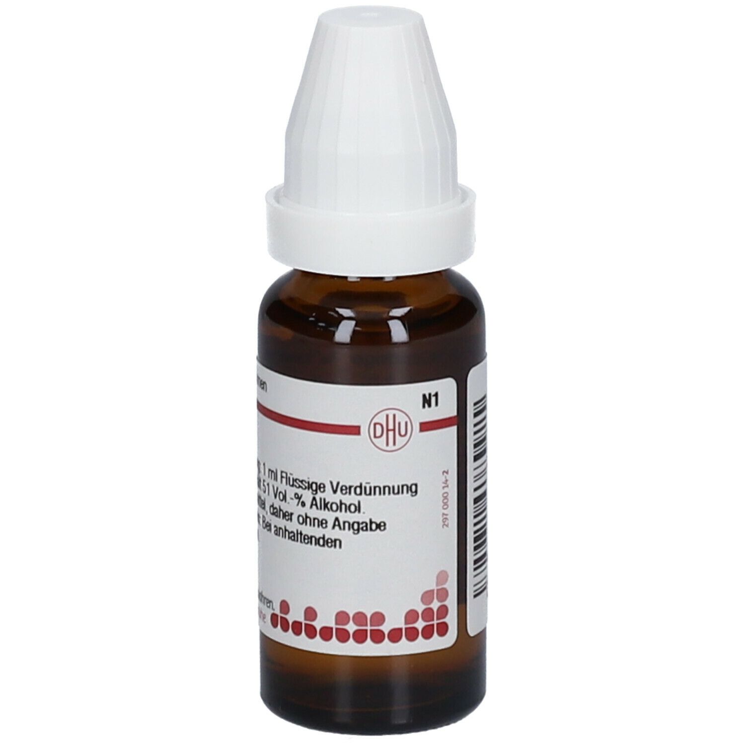 Braune Glasflasche mit weißem Verschluss. Etikett mit Text: DHU, Haplopappus D4, 20 ml. Homöopathisches Arzneimittel.