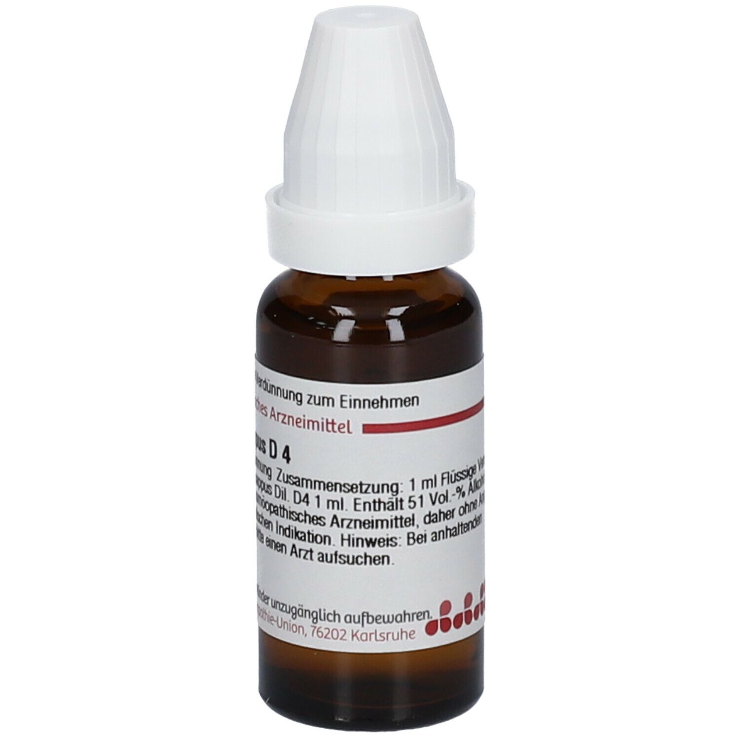Braune Glasflasche mit weißem Verschluss. Etikett mit Text: Haplopappus D4, 20 ml. Homöopathisches Arzneimittel.