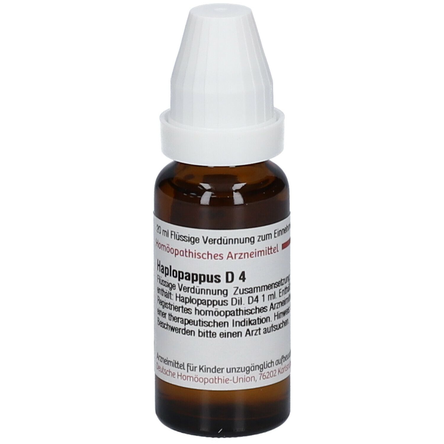Braune Glasflasche mit weißem Verschluss. Etikett mit Text: Haplopappus D4, 20 ml. Homöopathisches Arzneimittel.