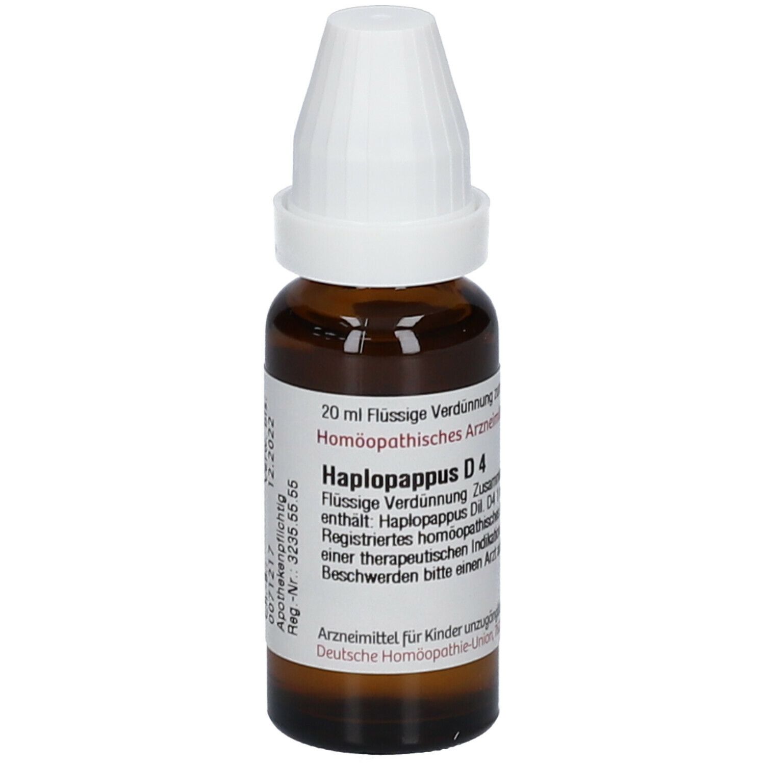 Braune Glasflasche mit weißem Verschluss. Etikett mit Text: Haplopappus D4, 20 ml. Homöopathisches Arzneimittel.
