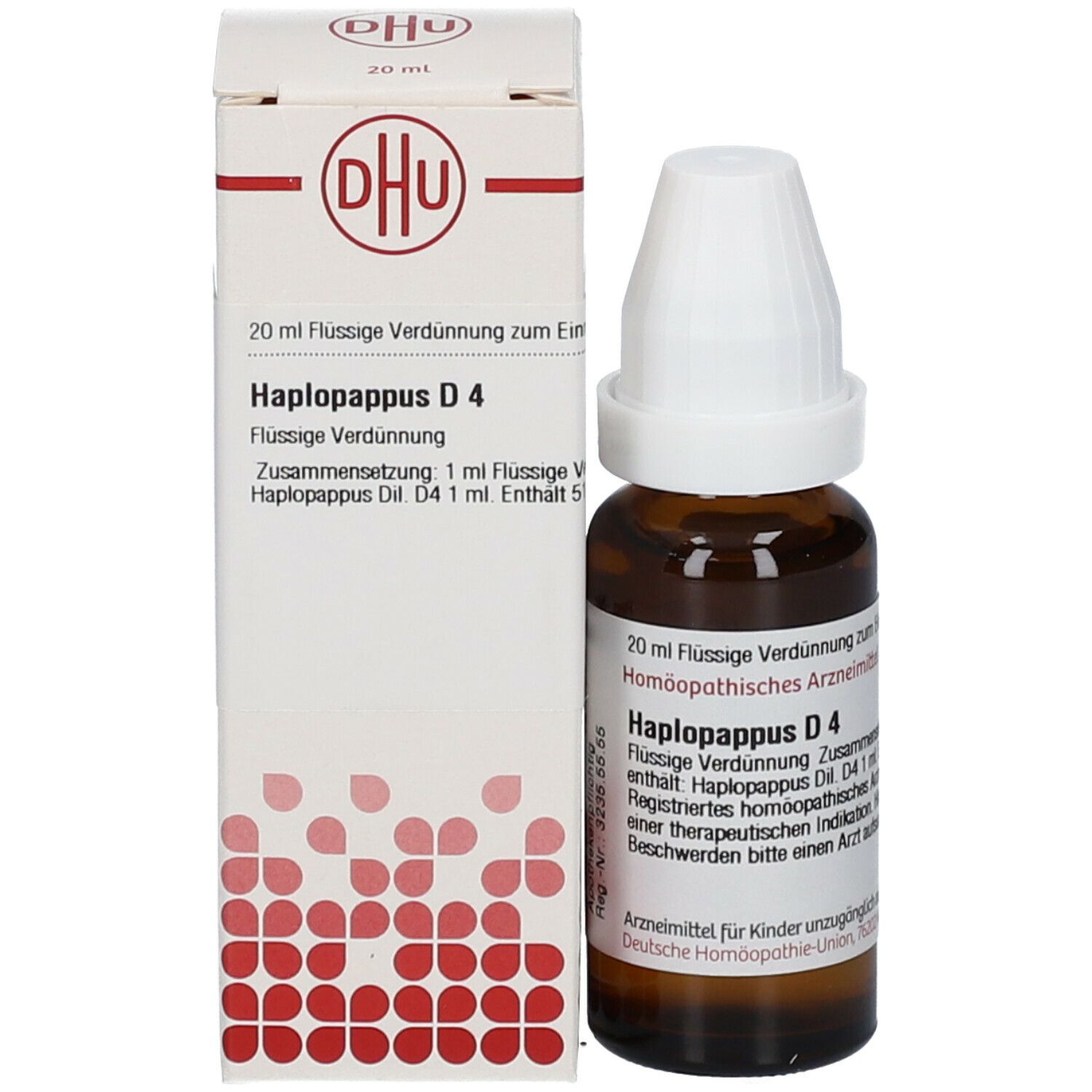 Braune Glasflasche und Schachtel. Auf der Schachtel steht DHU und Haplopappus D4. 20 ml Flüssige Verdünnung.