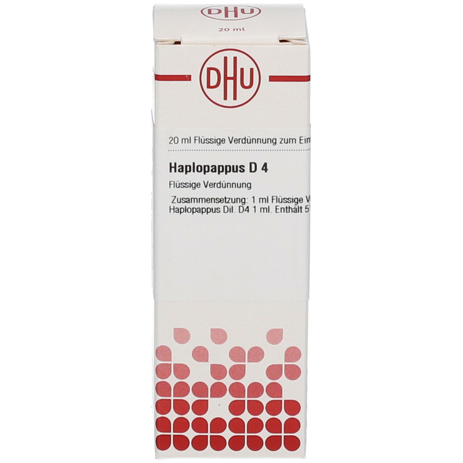 Weiße Schachtel mit DHU-Logo und Text: Haplopappus D4, 20 ml Flüssige Verdünnung. Homöopathisches Arzneimittel.