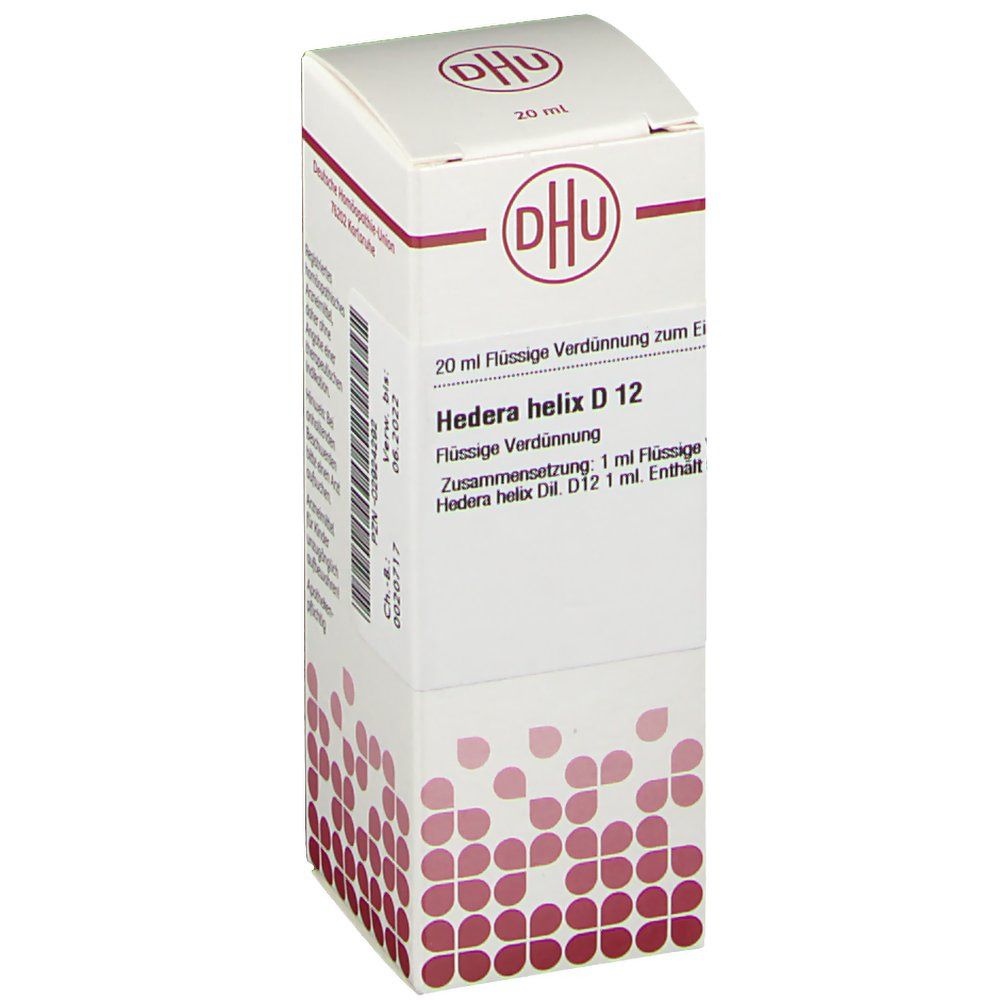 Weiße Faltschachtel mit DHU-Logo und Aufschrift 'Hedera helix D12'. Rote florale Muster am unteren Rand. 20 ml Flüssige Verdünnung.