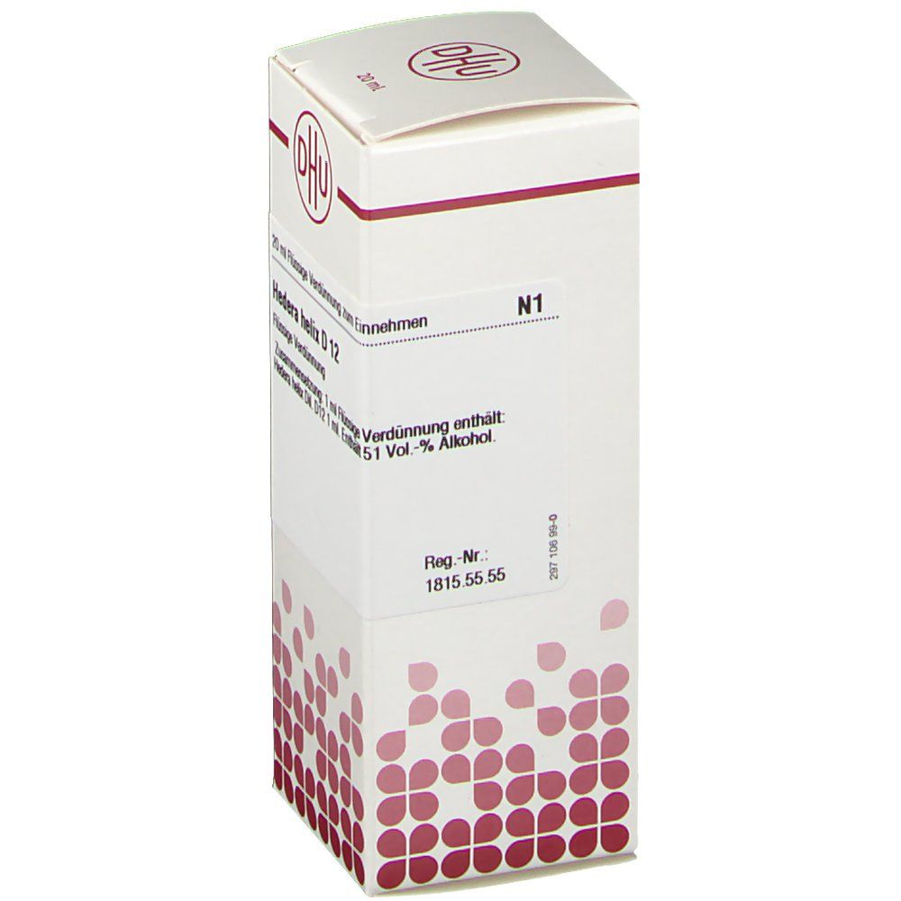 Weiße Faltschachtel mit DHU-Logo und Aufschrift 'Hedera helix D12'. Enthält 51 Vol.-% Alkohol. N1-Kennzeichnung. Rote florale Muster.