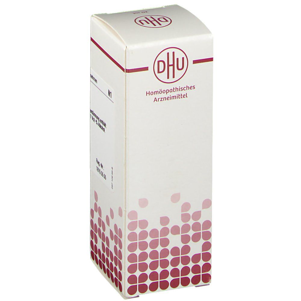 Weiße Faltschachtel mit DHU-Logo und Aufschrift 'Homöopathisches Arzneimittel'. Rote florale Muster am unteren Rand. N1-Kennzeichnung.