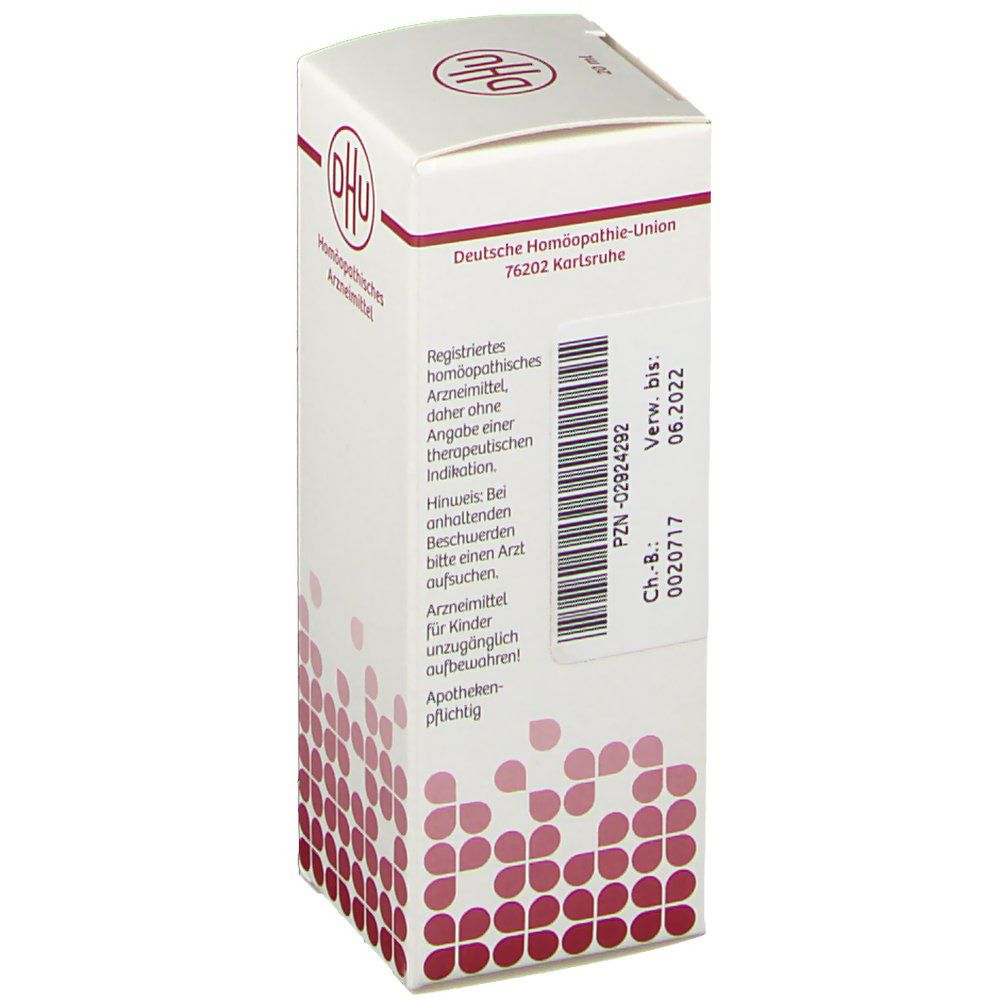 Weiße Faltschachtel mit DHU-Logo. Aufschrift 'Deutsche Homöopathie-Union'. Hinweise zur Anwendung. Verfallsdatum 06.2022. Rote florale Muster.