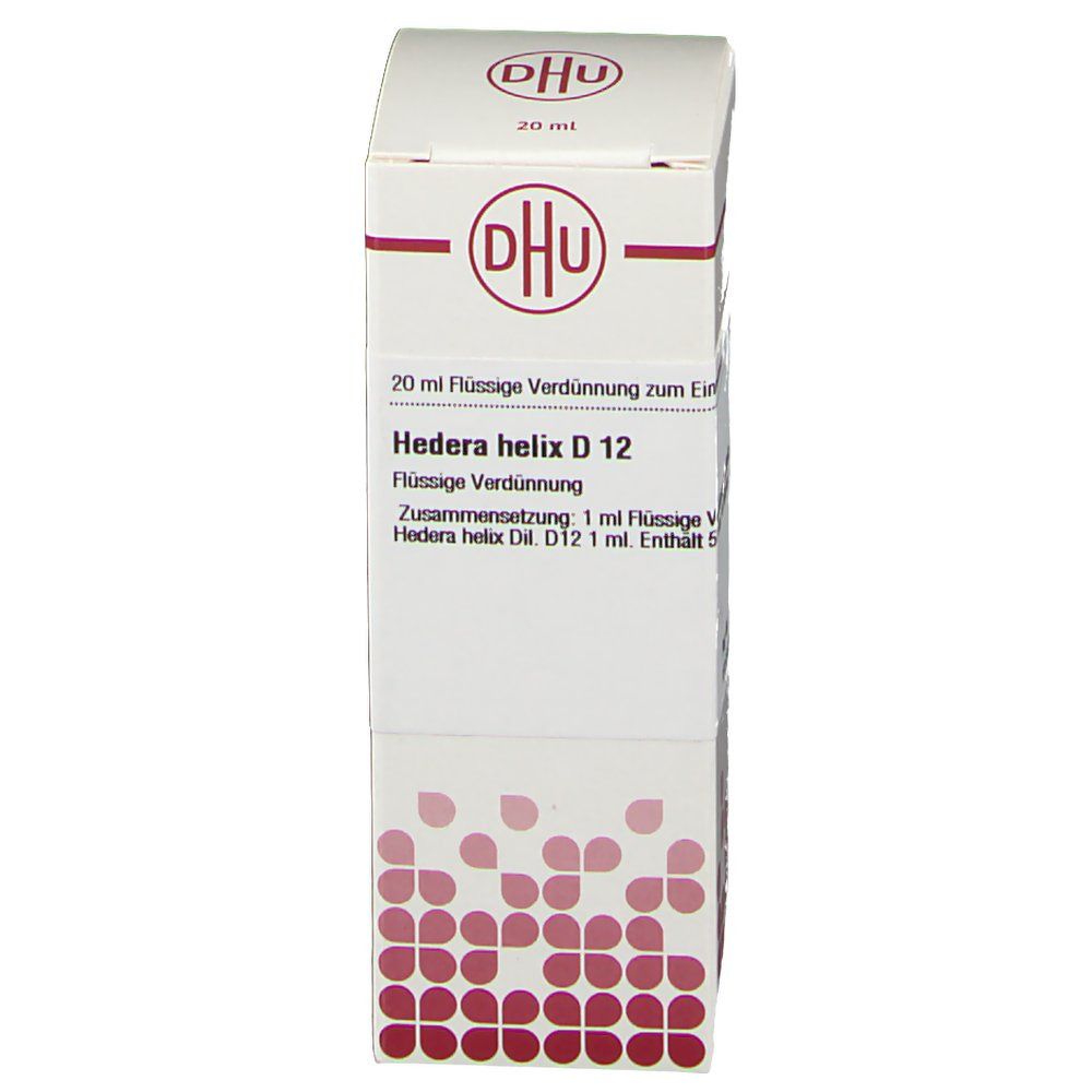 Weiße Faltschachtel mit DHU-Logo und Aufschrift 'Hedera helix D12'. 20 ml Flüssige Verdünnung. Rote florale Muster am unteren Rand.