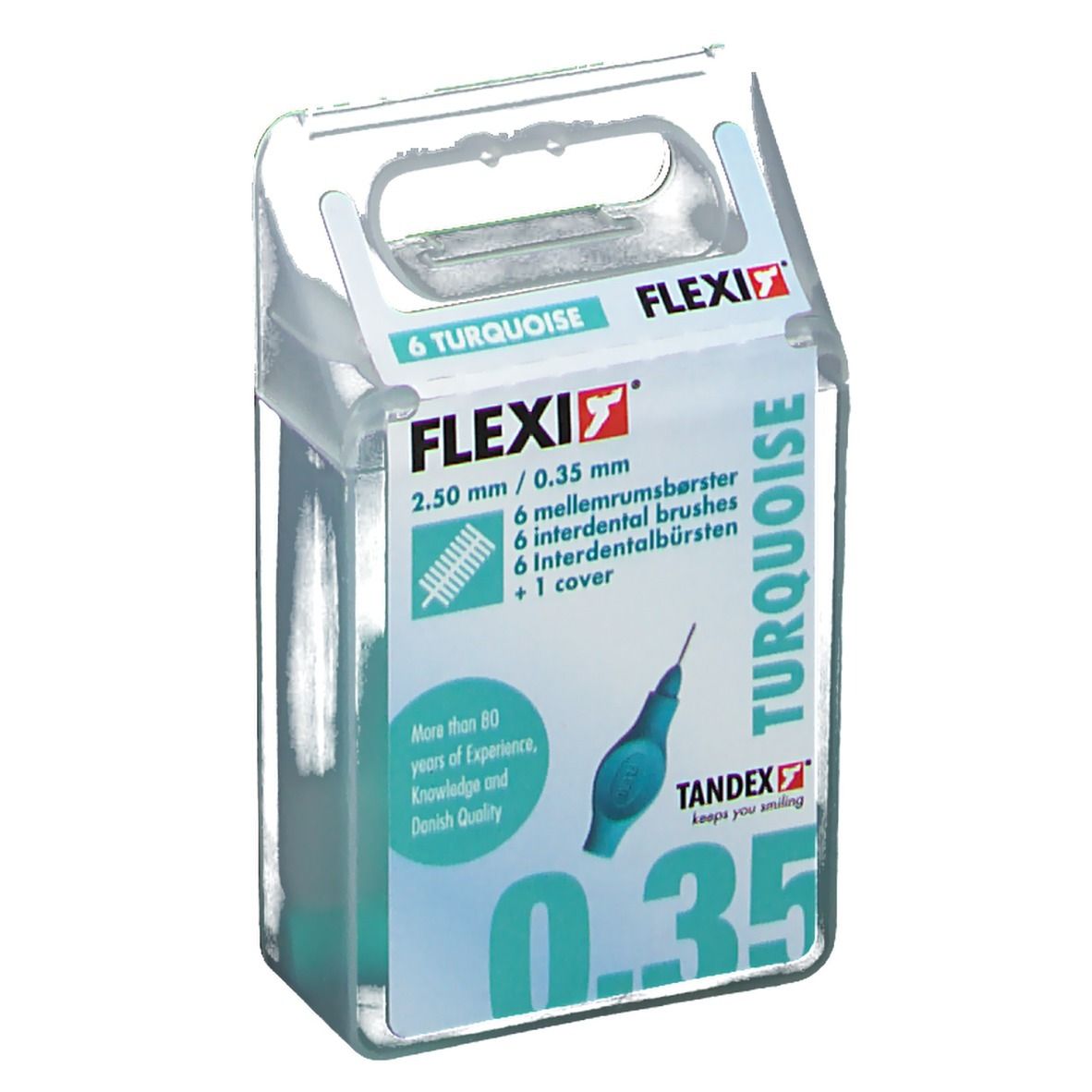 Packung mit 6 türkisfarbenen FLEXI Interdentalbürsten. 0,35 mm. In transparentem Kunststoffbehälter mit Griff.