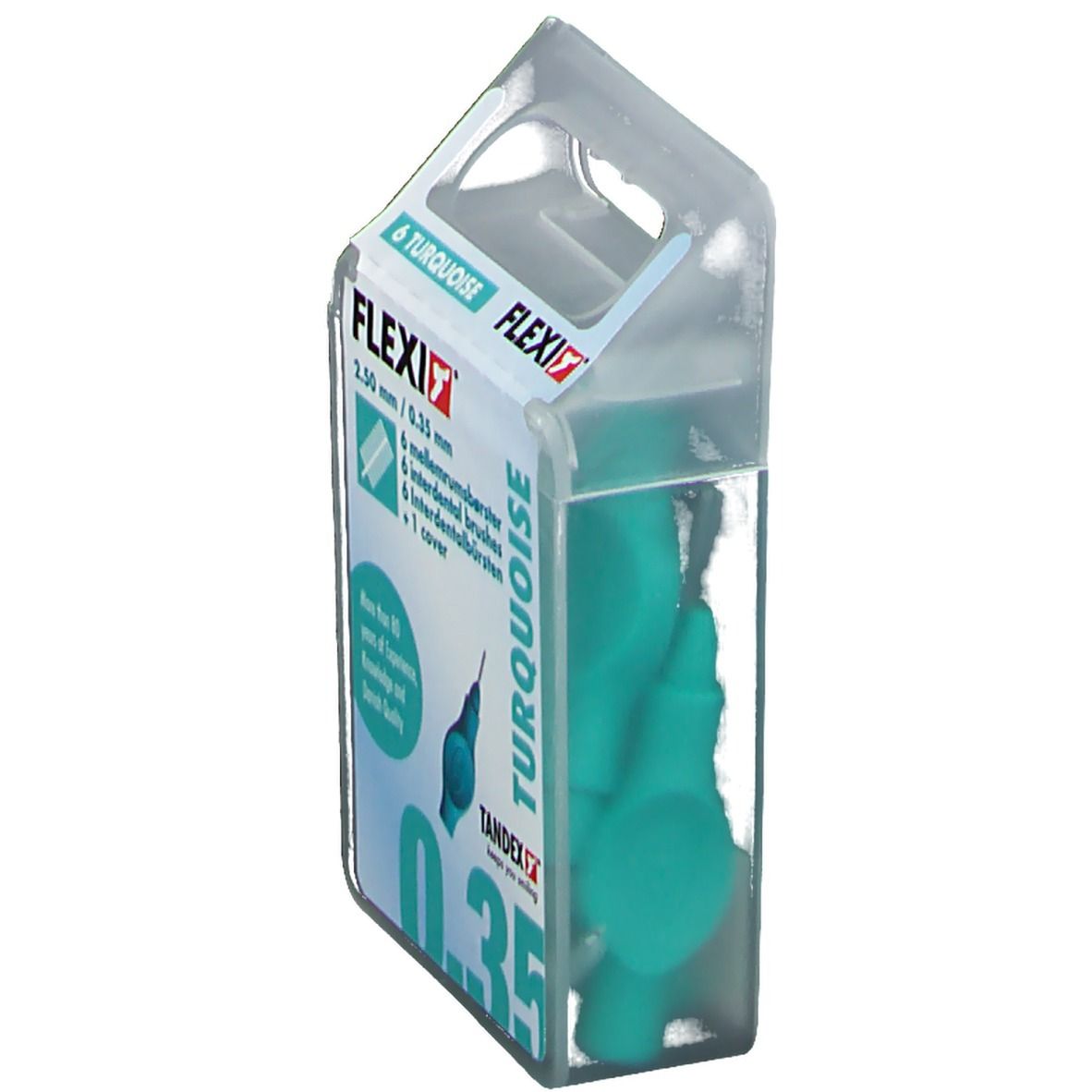 Packung mit türkisfarbenen FLEXI Interdentalbürsten. Sicht auf die Bürsten in der Verpackung. Transparentes Kunststoffgehäuse.