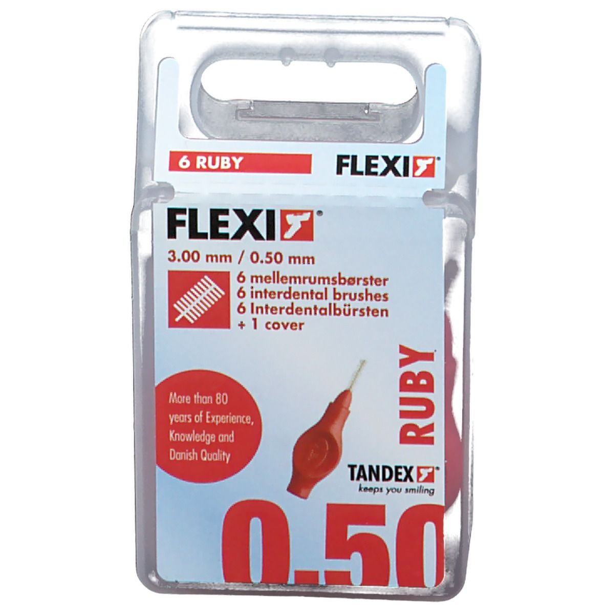 Verpackung mit FLEXI Interdentalbürsten ruby rot. Enthält 6 Bürsten und 1 Hülle. Größe: 0,50 mm.