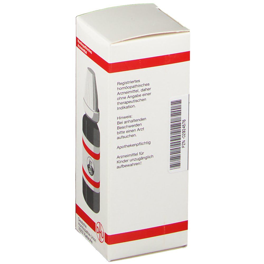 Weiße Faltschachtel mit roter Umrandung. Barcode und Text. DHU Logo.