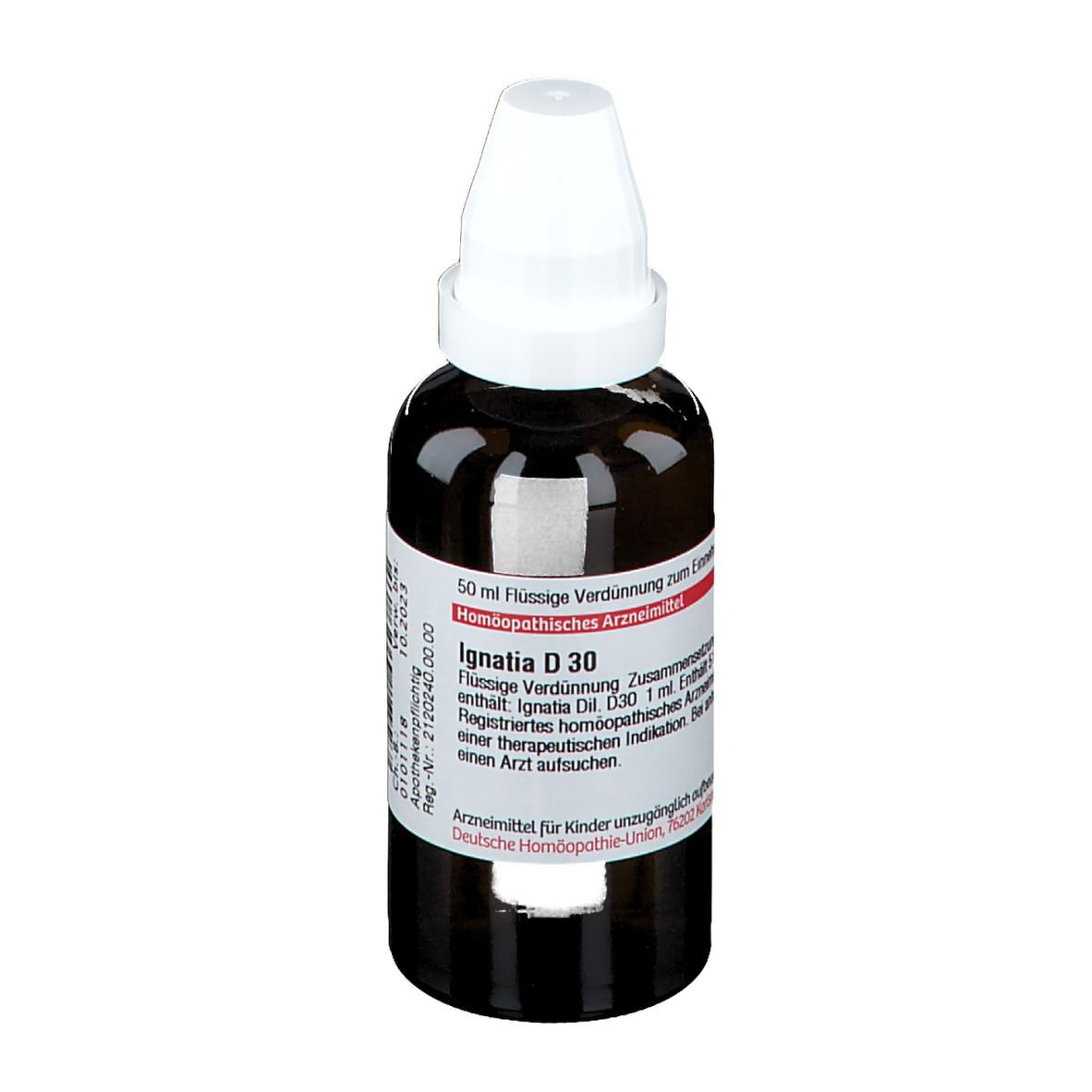 Braune Tropfflasche mit weißem Verschluss. Etikett mit Produktinformationen. DHU Ignatia D30.