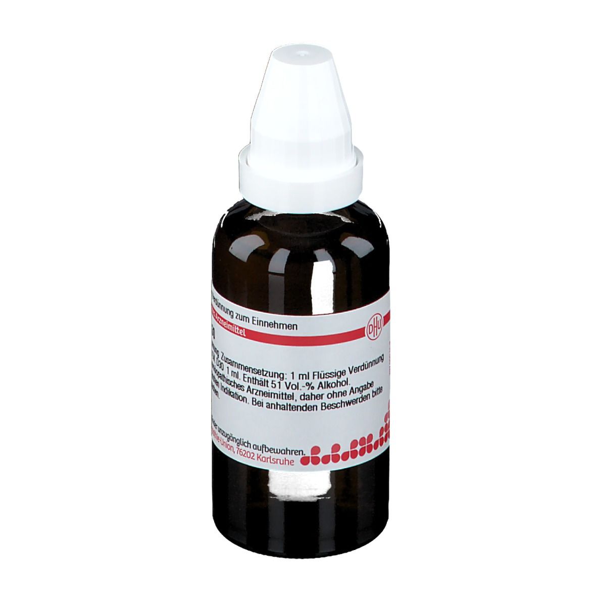 Braune Tropfflasche mit weißem Verschluss. Etikett mit Produktinformationen. DHU Ignatia D30.