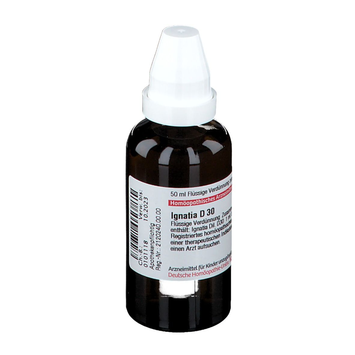 Braune Tropfflasche mit weißem Verschluss. Etikett mit Produktinformationen. DHU Ignatia D30.