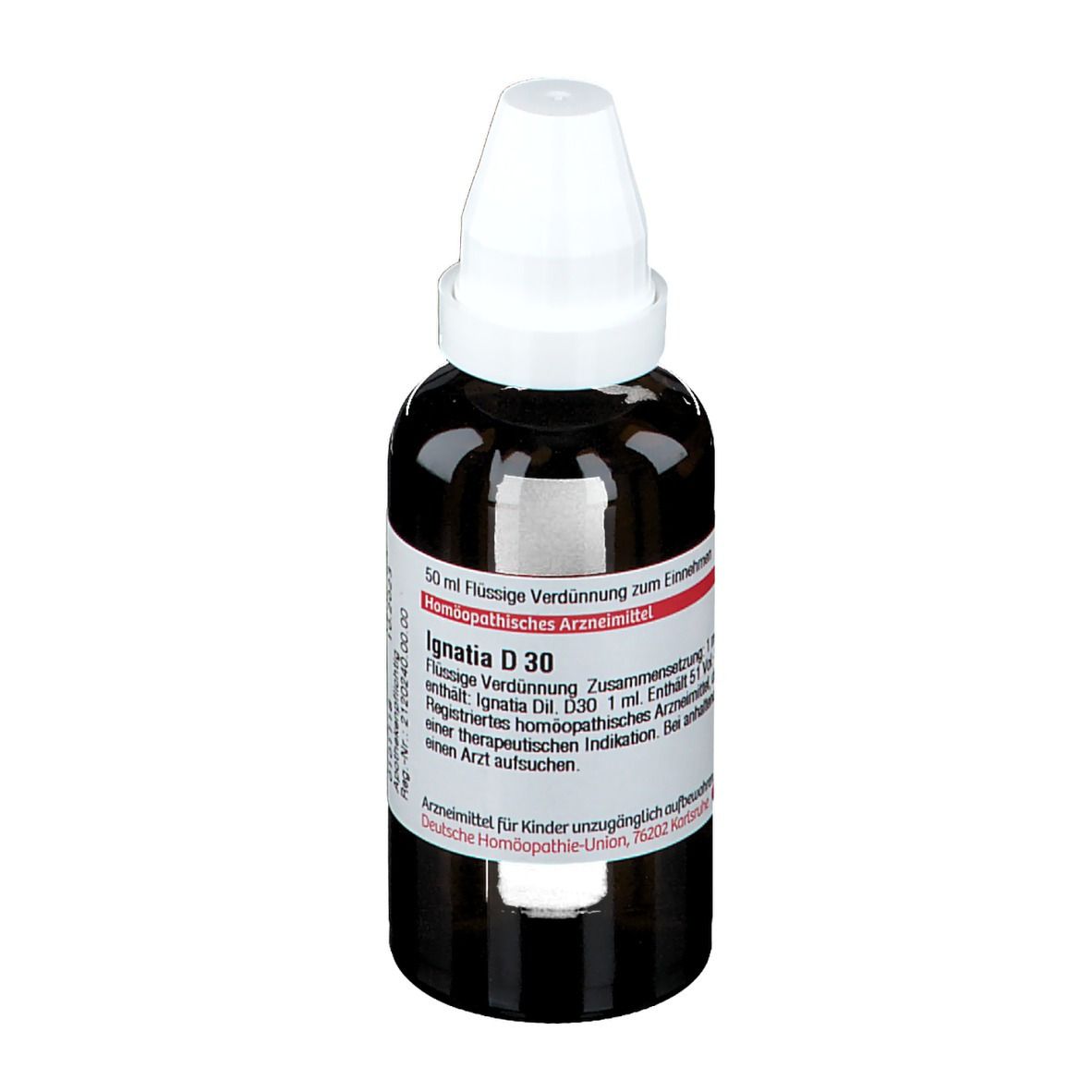 Braune Tropfflasche mit weißem Verschluss. Etikett mit Produktinformationen. DHU Ignatia D30.