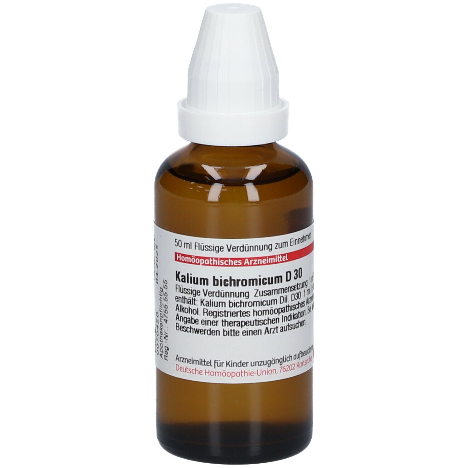 Braune Glasflasche mit weißem Verschluss. Etikett mit Produktinformationen: Kalium bichromicum D30. 50 ml Flüssige Verdünnung.