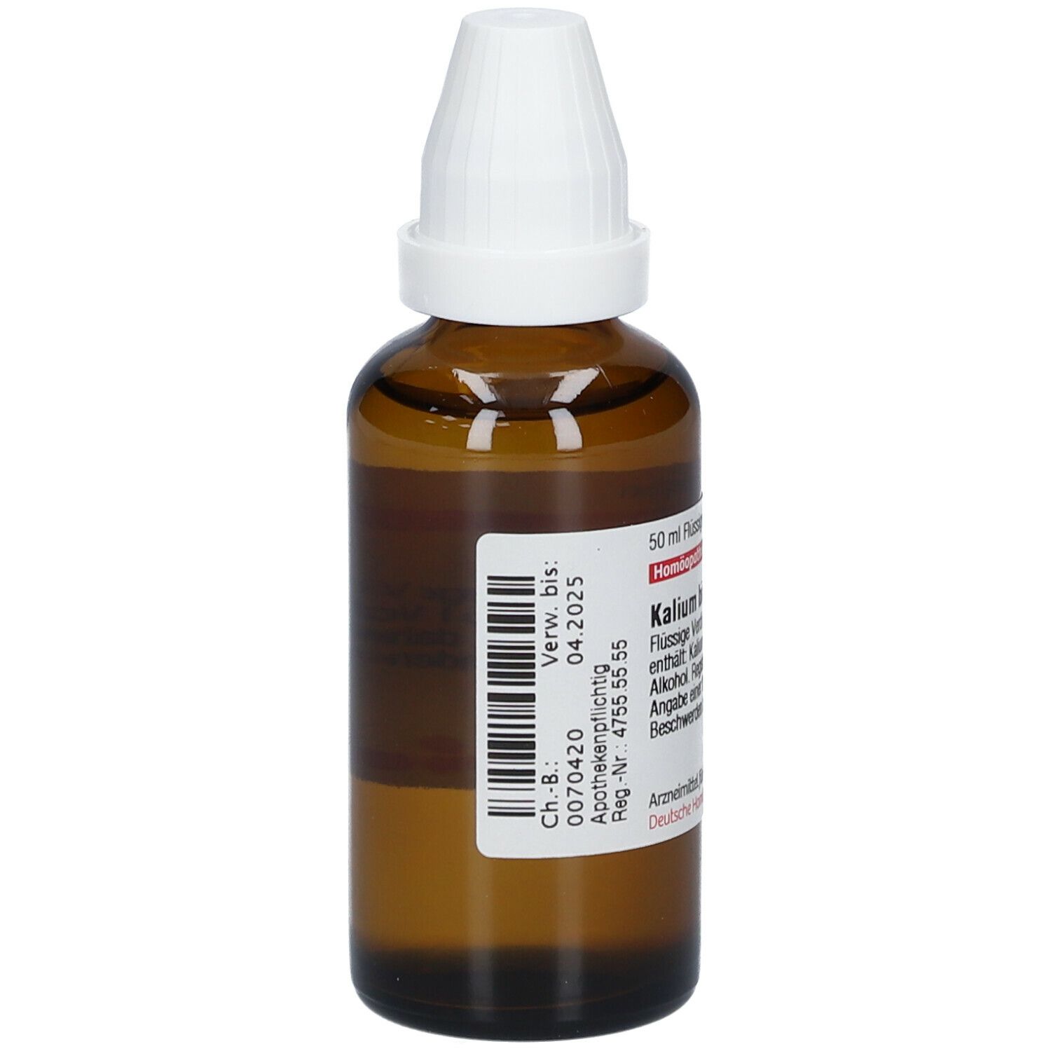 Braune Glasflasche mit weißem Verschluss. Etikett mit Produktinformationen und Barcode. Kalium bichromicum D30. 50 ml.