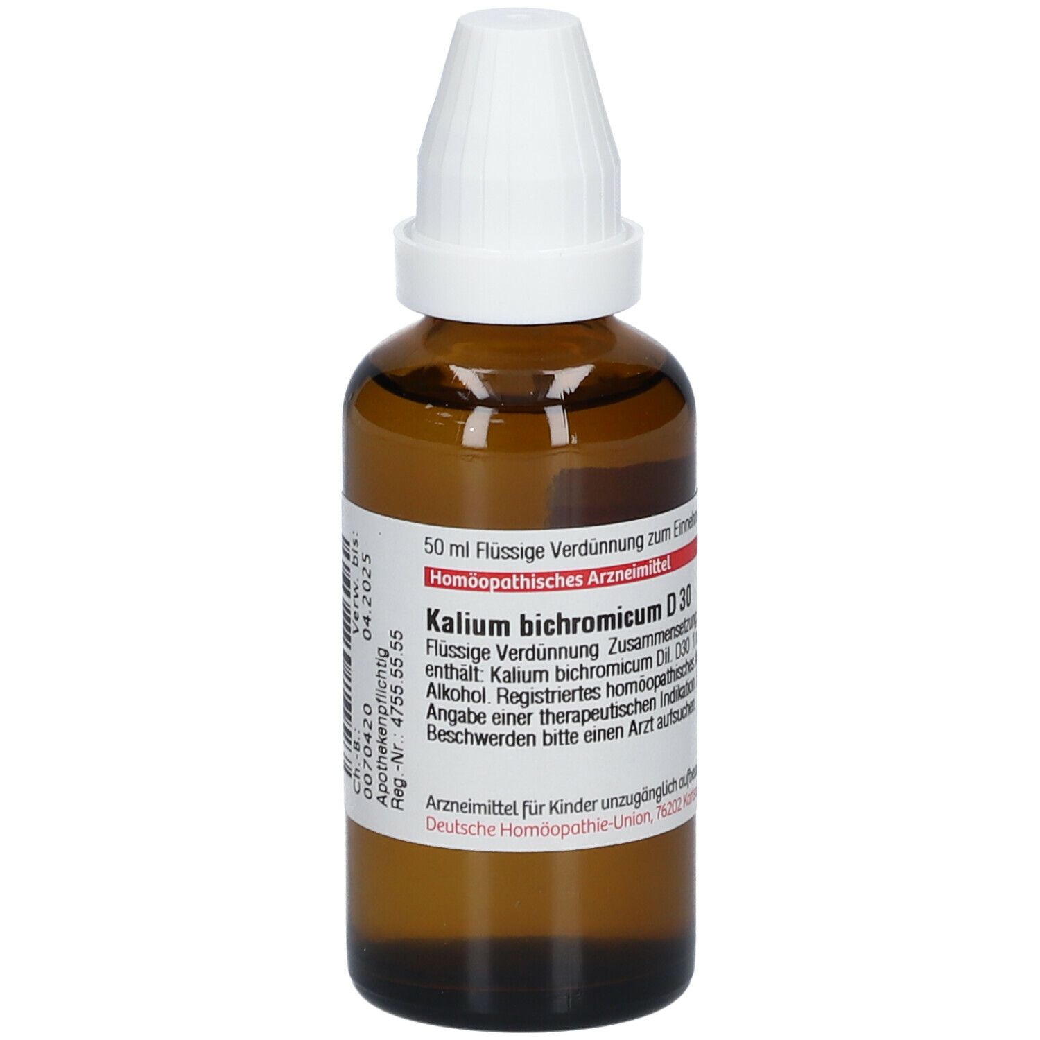 Braune Glasflasche mit weißem Verschluss. Etikett mit Produktinformationen: Kalium bichromicum D30. 50 ml Flüssige Verdünnung.