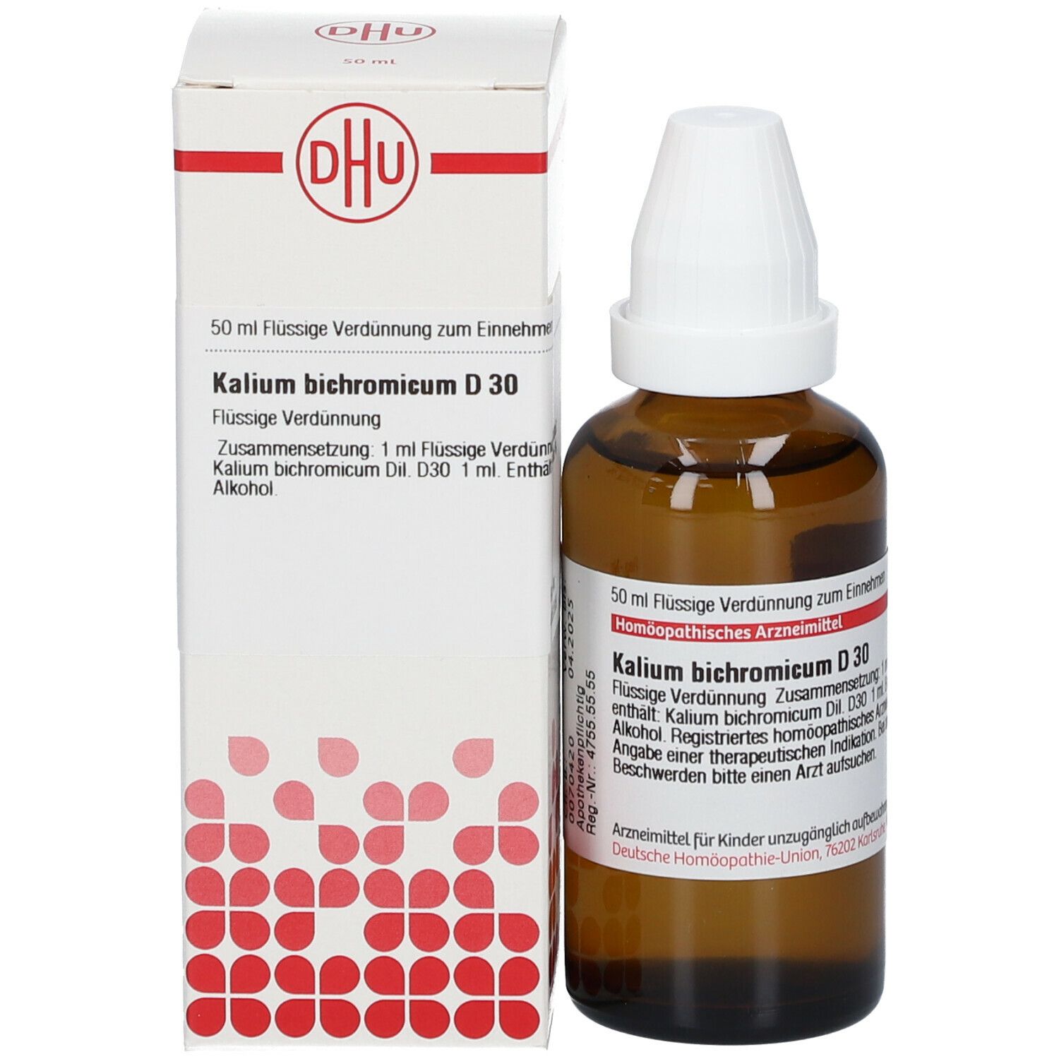 Produktverpackung und Flasche. Weiße Schachtel mit DHU-Logo und Produktinformationen: Kalium bichromicum D30. Braune Flasche.