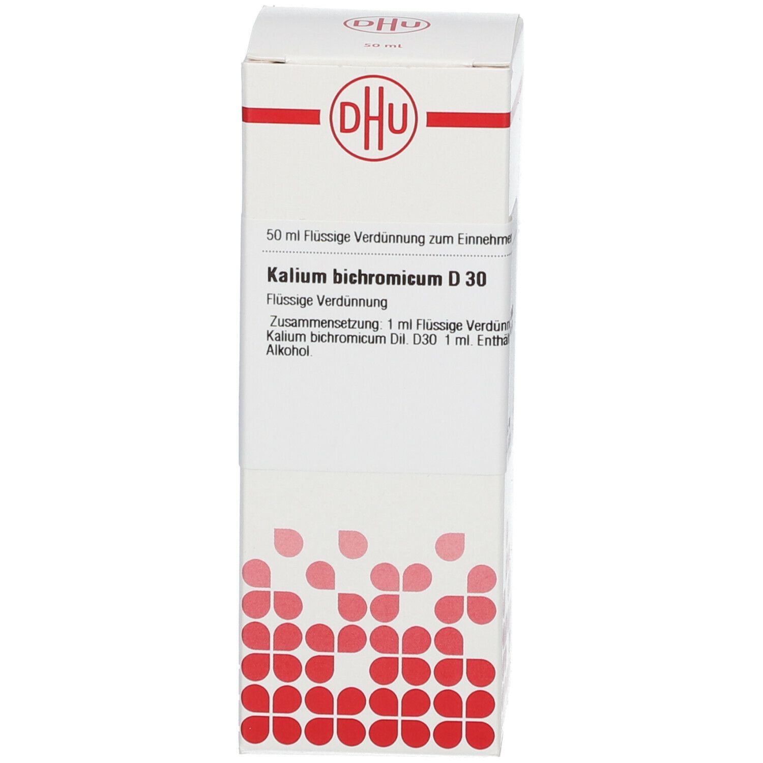 Weiße Schachtel mit DHU-Logo und Produktinformationen: Kalium bichromicum D30. Rote Punkte auf der Verpackung.