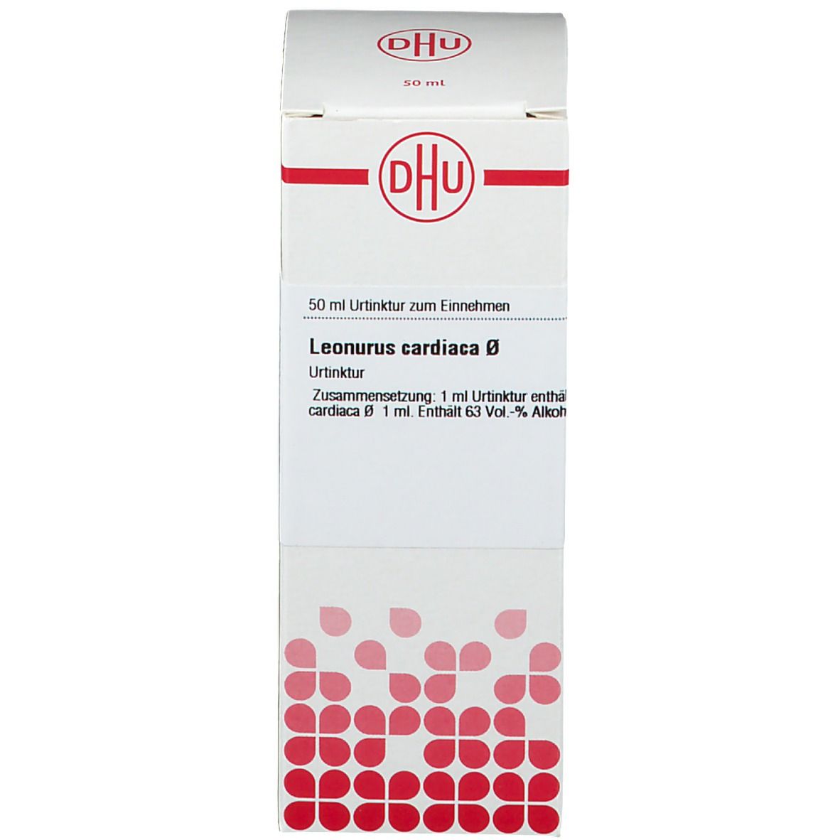 Karton mit DHU-Logo und Text: Leonurus cardiaca. Braune Flasche mit weißem Deckel daneben.