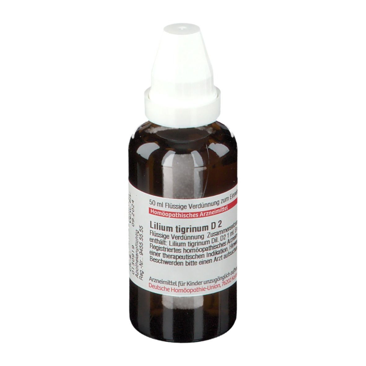 Braune Glasflasche mit weißem Verschluss. Etikett mit Produktinformationen: Lilium tigrinum D2, 50 ml Flüssige Verdünnung.