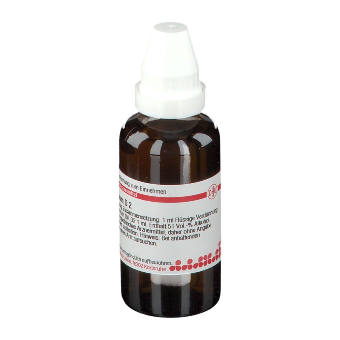 Braune Glasflasche mit weißem Verschluss. Etikett mit Produktinformationen: Lilium tigrinum D2, 1 ml Flüssige Verdünnung.