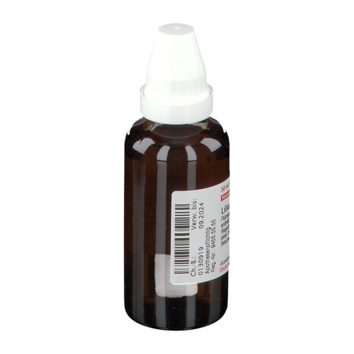 Braune Glasflasche mit weißem Verschluss. Etikett mit Verfallsdatum 09.2024. Produktinformationen: Lilium tigrinum D2.