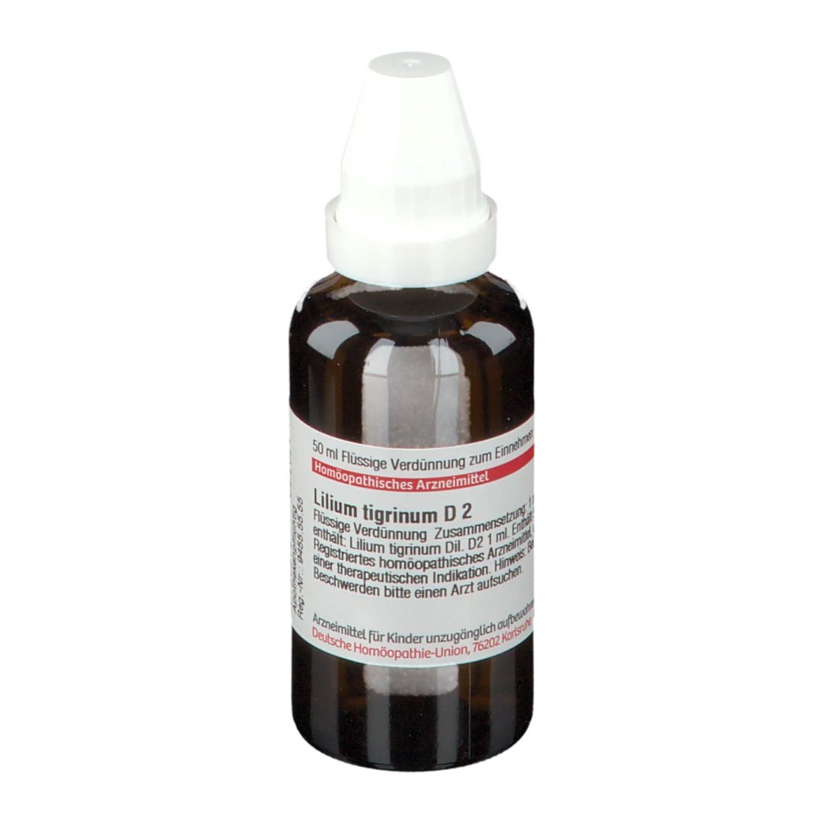 Braune Glasflasche mit weißem Verschluss. Etikett mit Produktinformationen: Lilium tigrinum D2, 50 ml Flüssige Verdünnung.