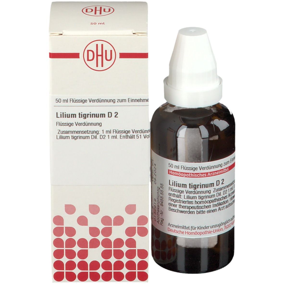Produktverpackung mit brauner Flasche und weißem Verschluss. Aufschrift: DHU, Lilium tigrinum D2, 50 ml Flüssige Verdünnung.