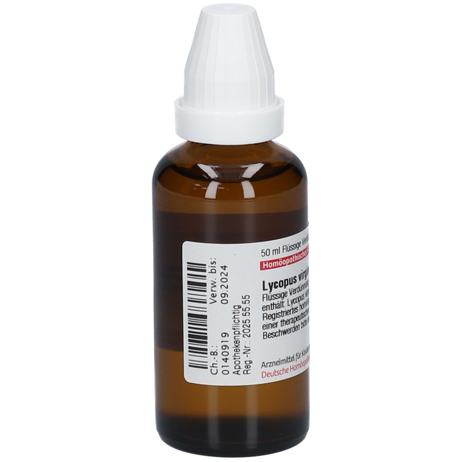 Braune Glasflasche mit weißem Verschluss. Etikett mit Produktinformationen und Barcode. DHU Lycopus virginicus D6.