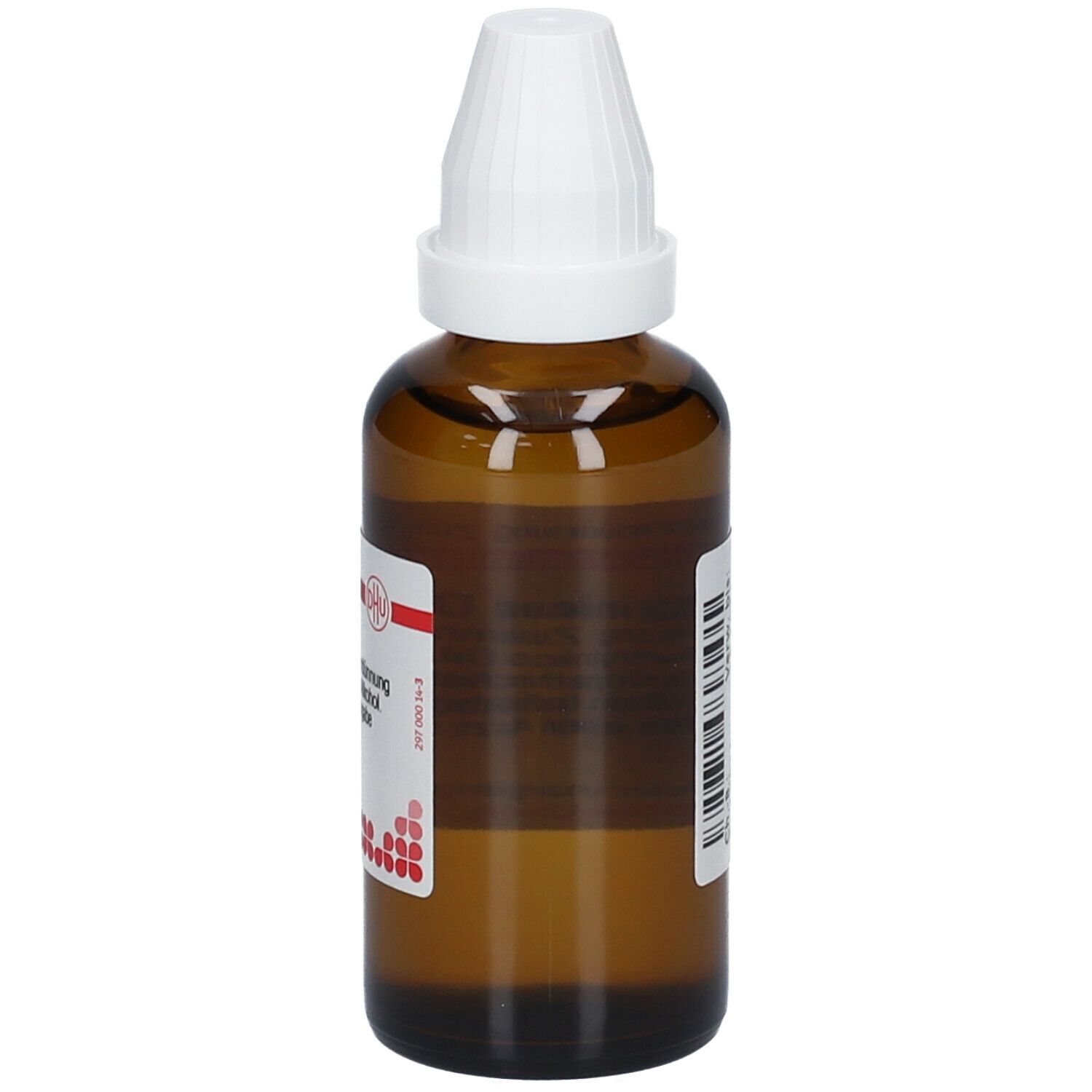 Braune Glasflasche mit weißem Verschluss. Etikett mit Produktinformationen. DHU Lycopus virginicus D6.