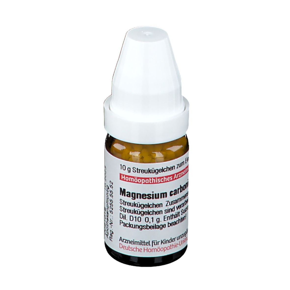 Braune Glasflasche mit weißen Deckel und Streukügelchen. Aufschrift: Magnesium carbonicum D10, 10 g.