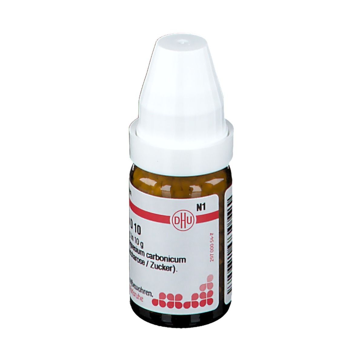 Braune Glasflasche mit weißen Deckel und Streukügelchen. Aufschrift: Magnesium carbonicum D 10, DHU-Logo.