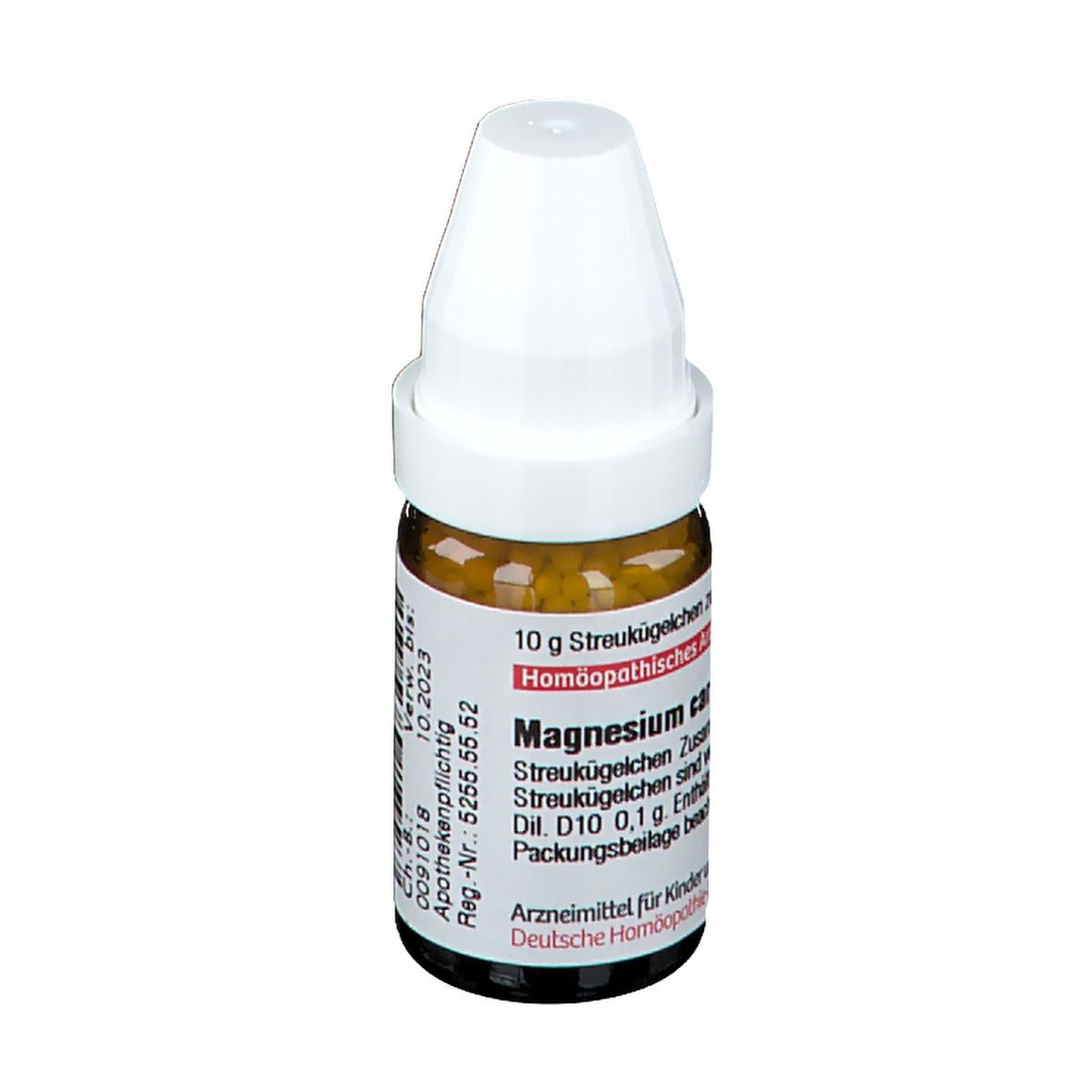 Braune Glasflasche mit weißen Deckel und Streukügelchen. Aufschrift: Magnesium carbonicum, D10, 10 g.