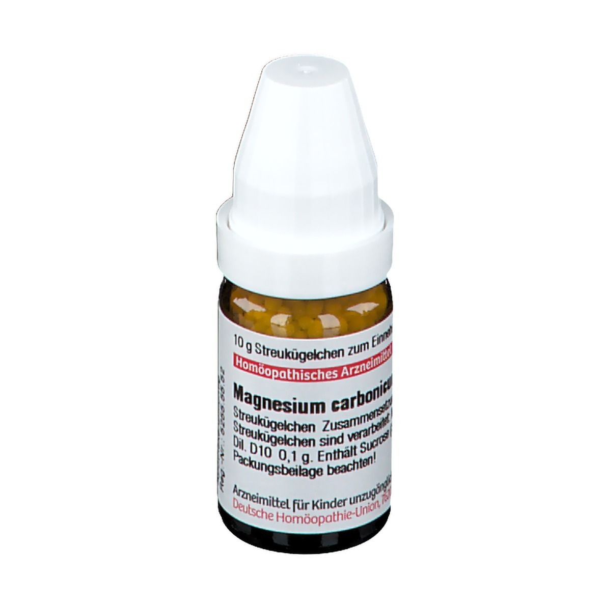 Braune Glasflasche mit weißen Deckel und Streukügelchen. Aufschrift: Magnesium carbonicum D10, 10 g.