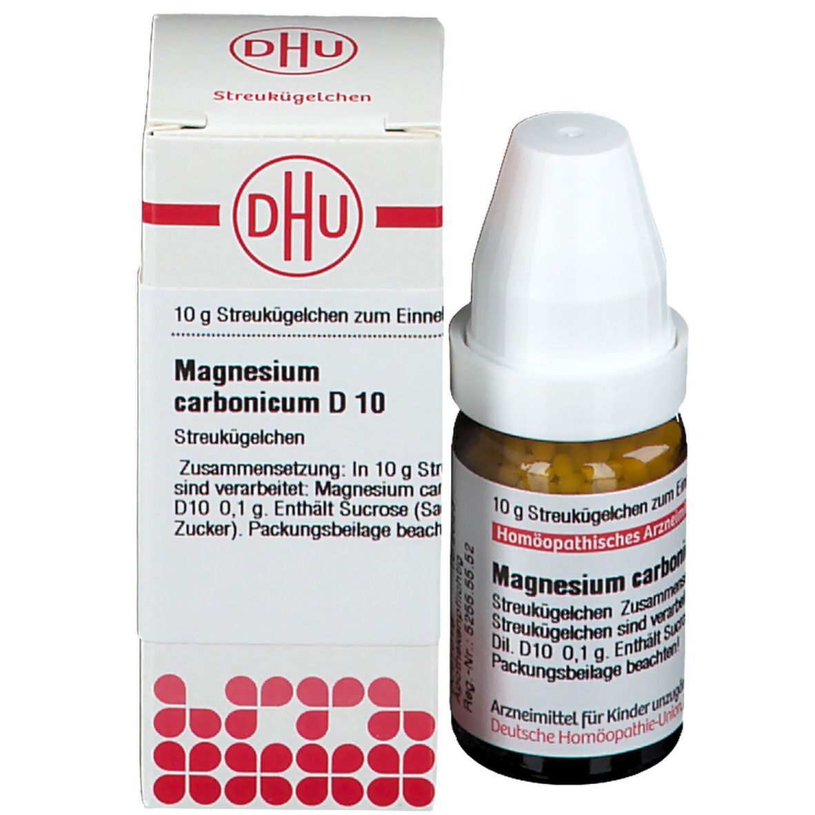 Braune Glasflasche mit weißen Deckel und Streukügelchen neben einer weißen Schachtel. Aufschrift: Magnesium carbonicum D 10.