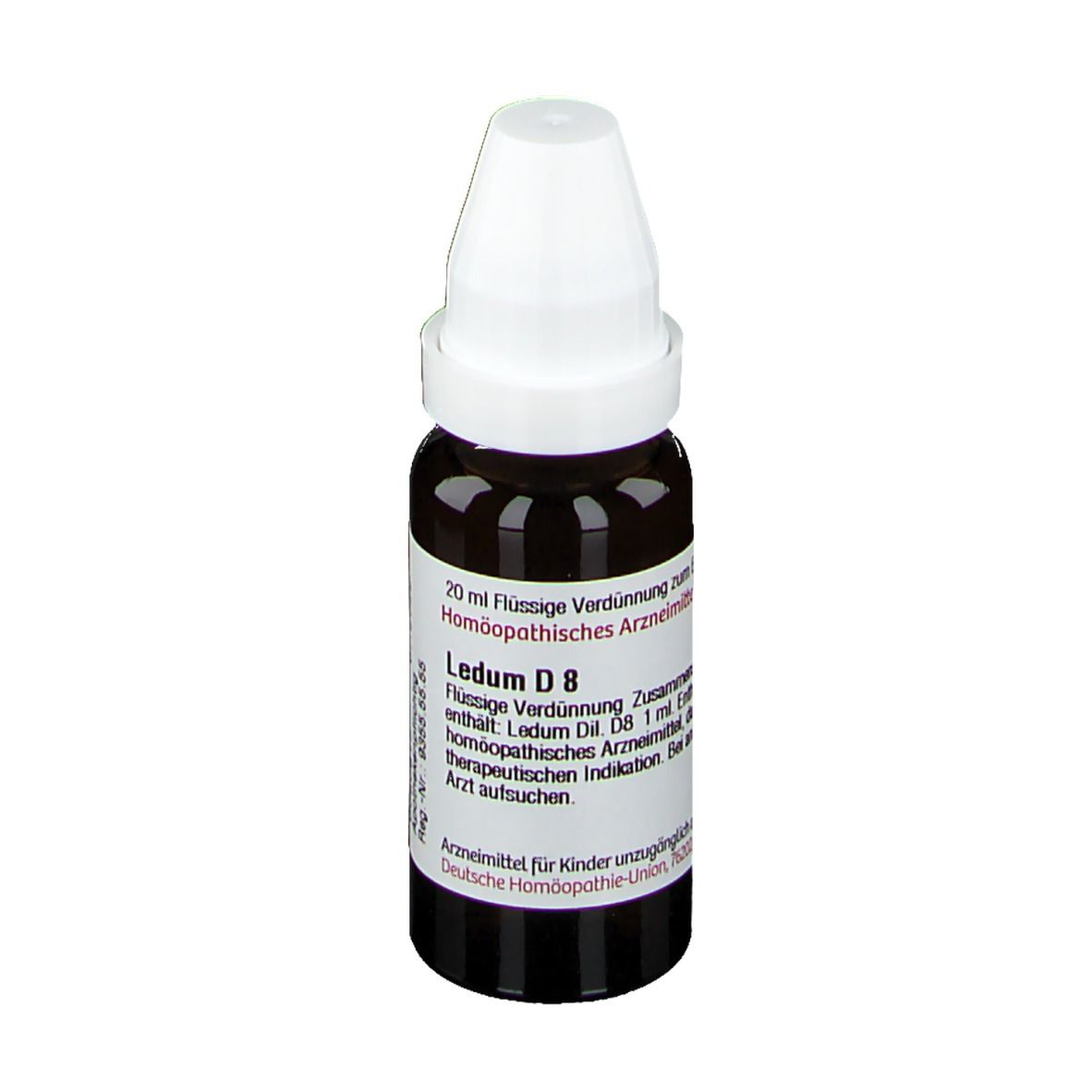 Braune Glasflasche mit weißem Verschluss. Etikett mit Text: Ledum D8, 20 ml flüssige Verdünnung. Deutsche Homöopathie-Union.