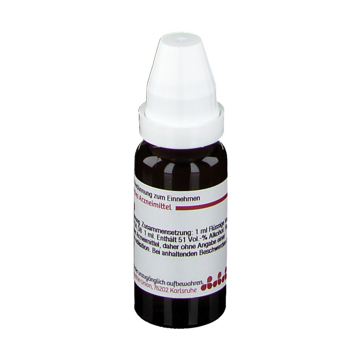 Braune Glasflasche mit weißem Verschluss. Etikett mit Text. Deutsche Homöopathie-Union. Flüssige Verdünnung zum Einnehmen.