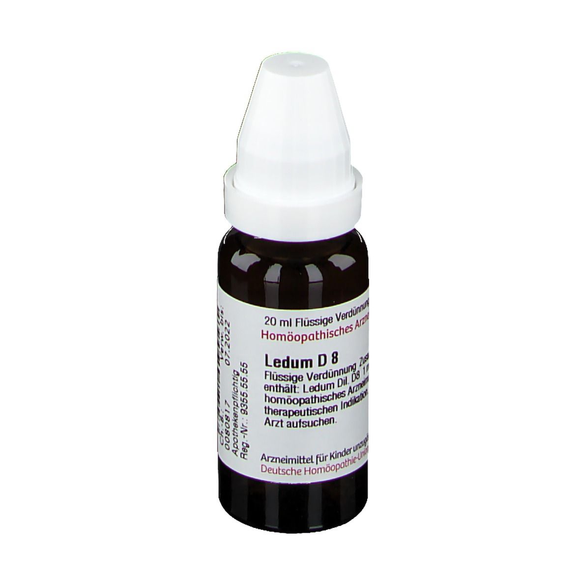 Braune Glasflasche mit weißem Verschluss. Etikett mit Text: Ledum D8, 20 ml flüssige Verdünnung. Apotheken-Nr. Deutsche Homöopathie-Union.