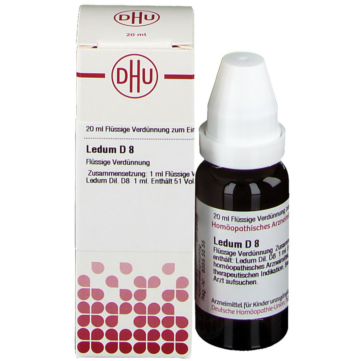 Produktverpackung mit Flasche. Karton mit DHU-Logo und Text: Ledum D8, 20 ml flüssige Verdünnung. Flasche mit weißem Verschluss.