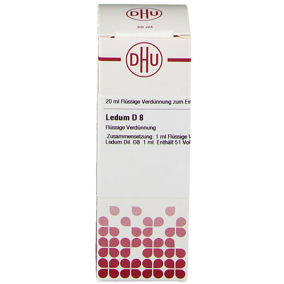 Produktverpackung mit Flasche. Karton mit DHU-Logo und Text: Ledum D8, 20 ml flüssige Verdünnung. Flasche mit weißem Verschluss.