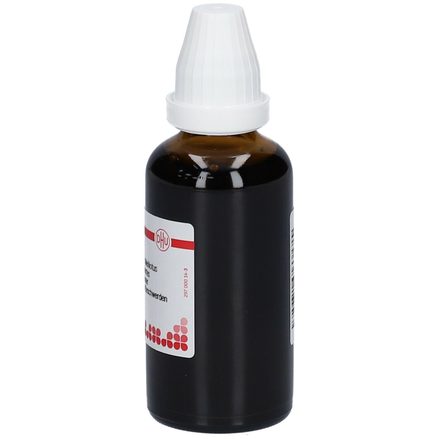 Braune Glasflasche mit weißem Verschluss. Etikett mit Produktinformationen und rotem Logo.