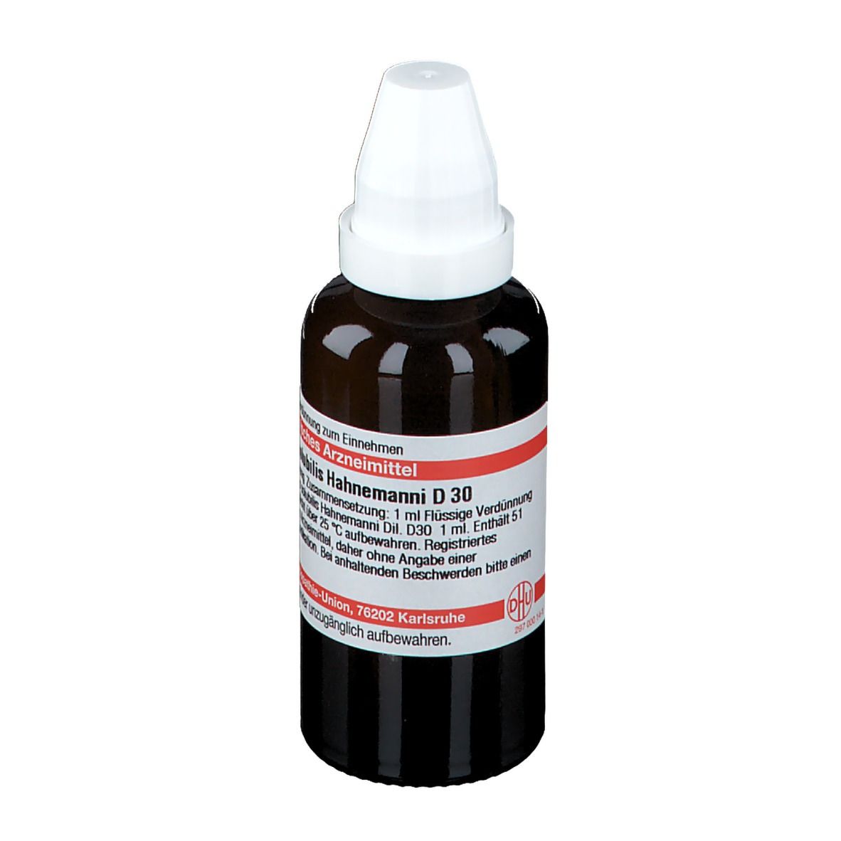 Braune Glasflasche mit weißem Verschluss. Etikett mit Produktinformationen. Deutsche Homöopathie-Union.