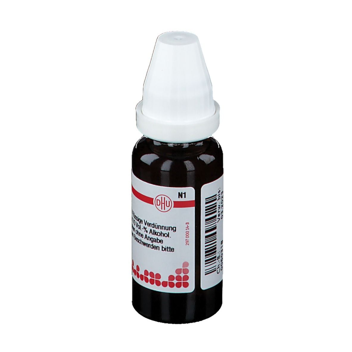Braune Glasflasche mit weißem Verschluss. Beschriftung: DHU N1. Flüssige Verdünnung.