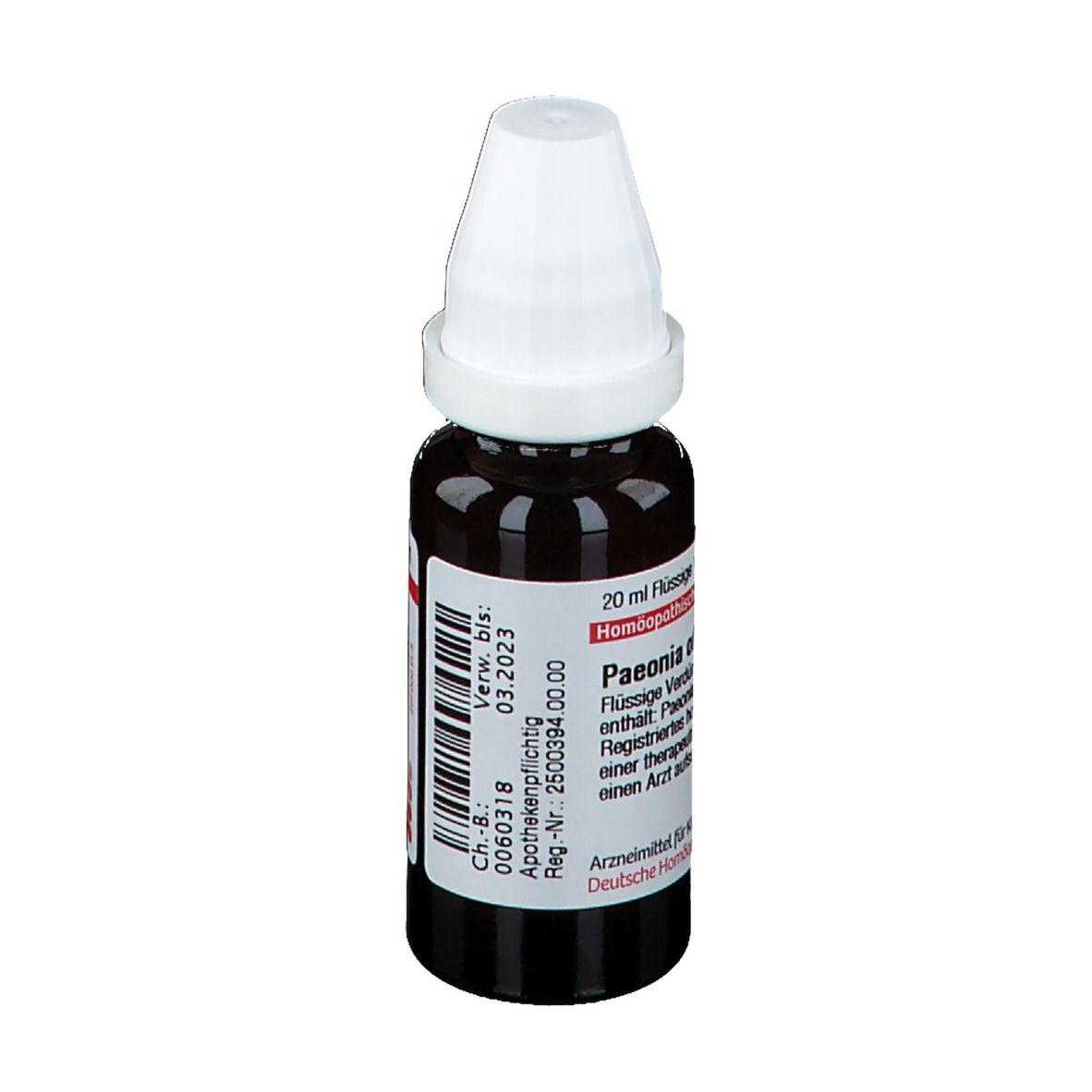 Braune Glasflasche mit weißem Verschluss. Beschriftung: Paeonia officinalis D3. Flüssige Verdünnung.