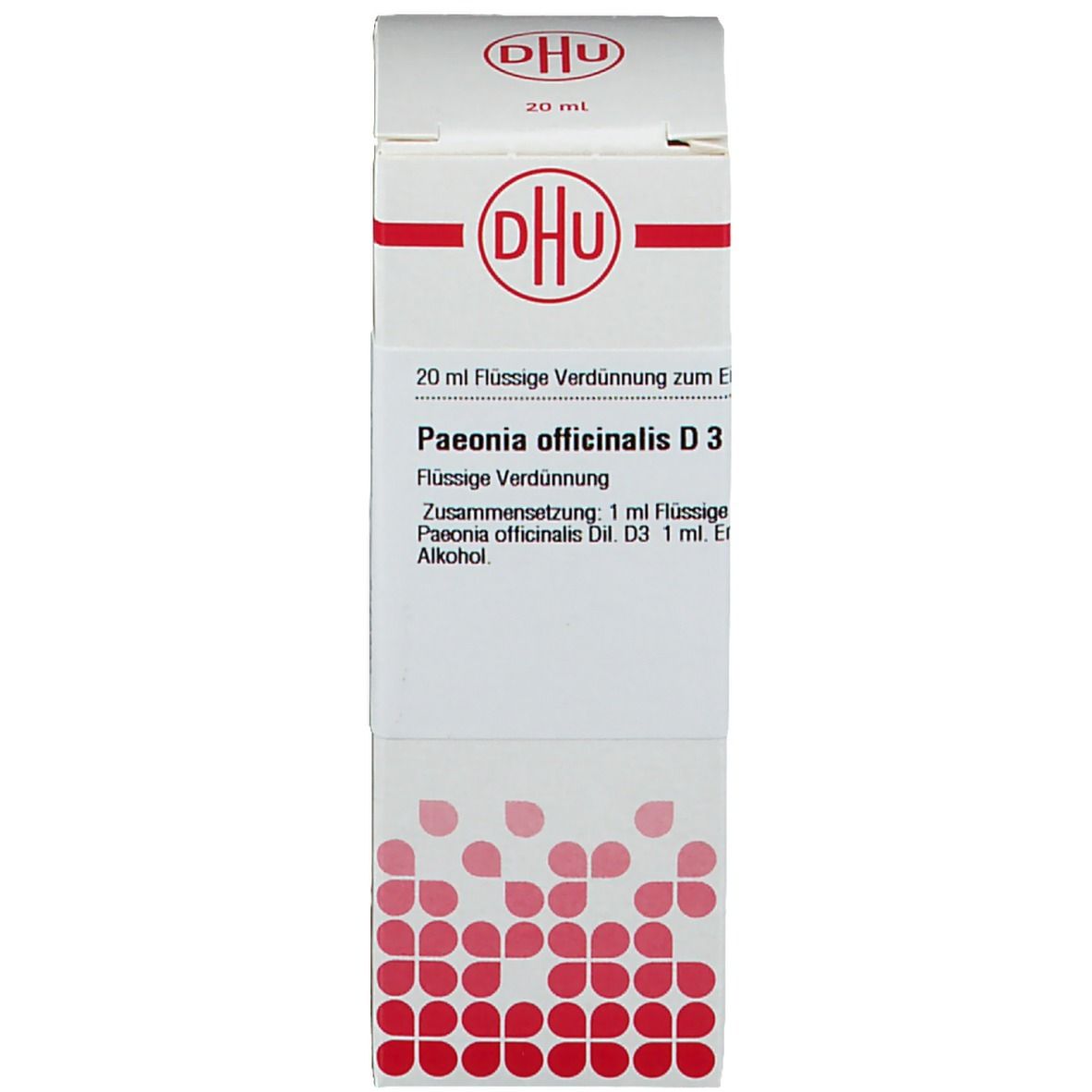 Weiße Faltschachtel mit roter Beschriftung: DHU. Produkt: Paeonia officinalis D3. Flüssige Verdünnung.