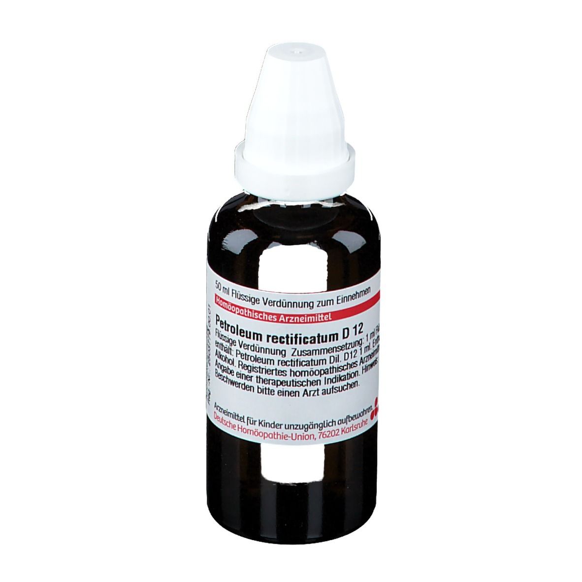 Braune Glasflasche mit weißem Verschluss. Etikett mit Produktinformationen. Aufschrift: Petroleum rectificatum D 12.