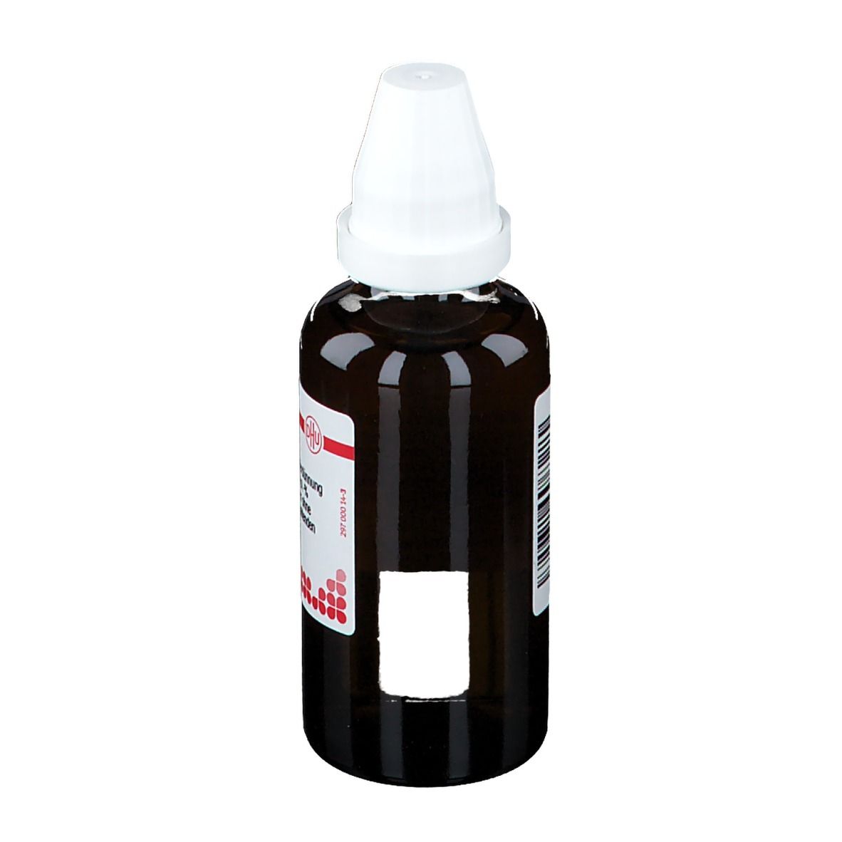 Braune Glasflasche mit weißem Verschluss. Etikett mit Produktinformationen. Aufschrift: DHU.
