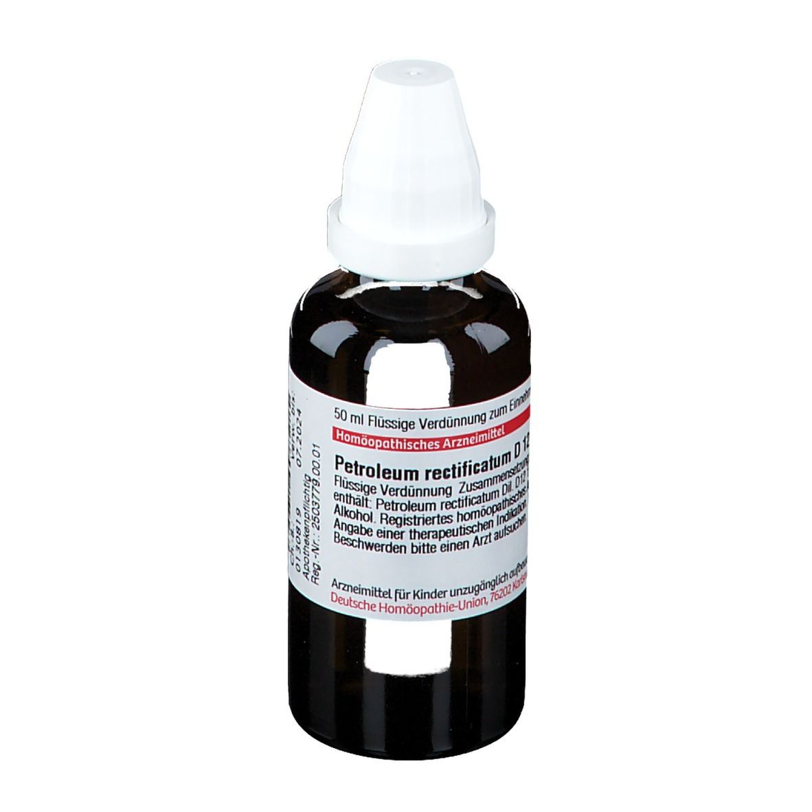 Braune Glasflasche mit weißem Verschluss. Etikett mit Produktinformationen. Aufschrift: Petroleum rectificatum D 12.